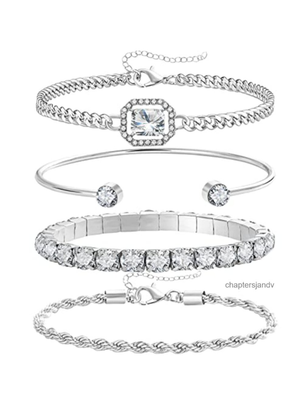 14K Plated Link Charm Bracelet Set 4 Pcs Cubic Zirconia Dainty Stackable